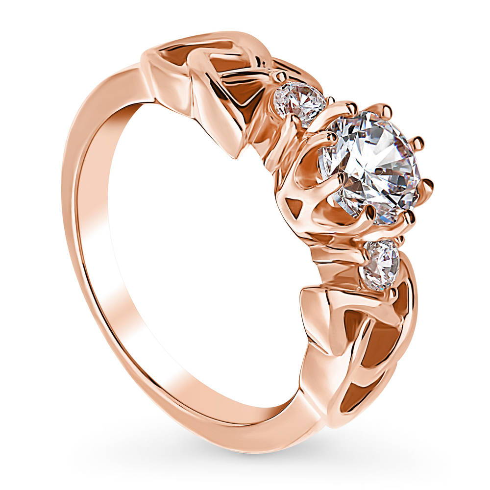 Front view of Celtic Knot 3-Stone CZ Ring in Rose Gold Plated Sterling Silver