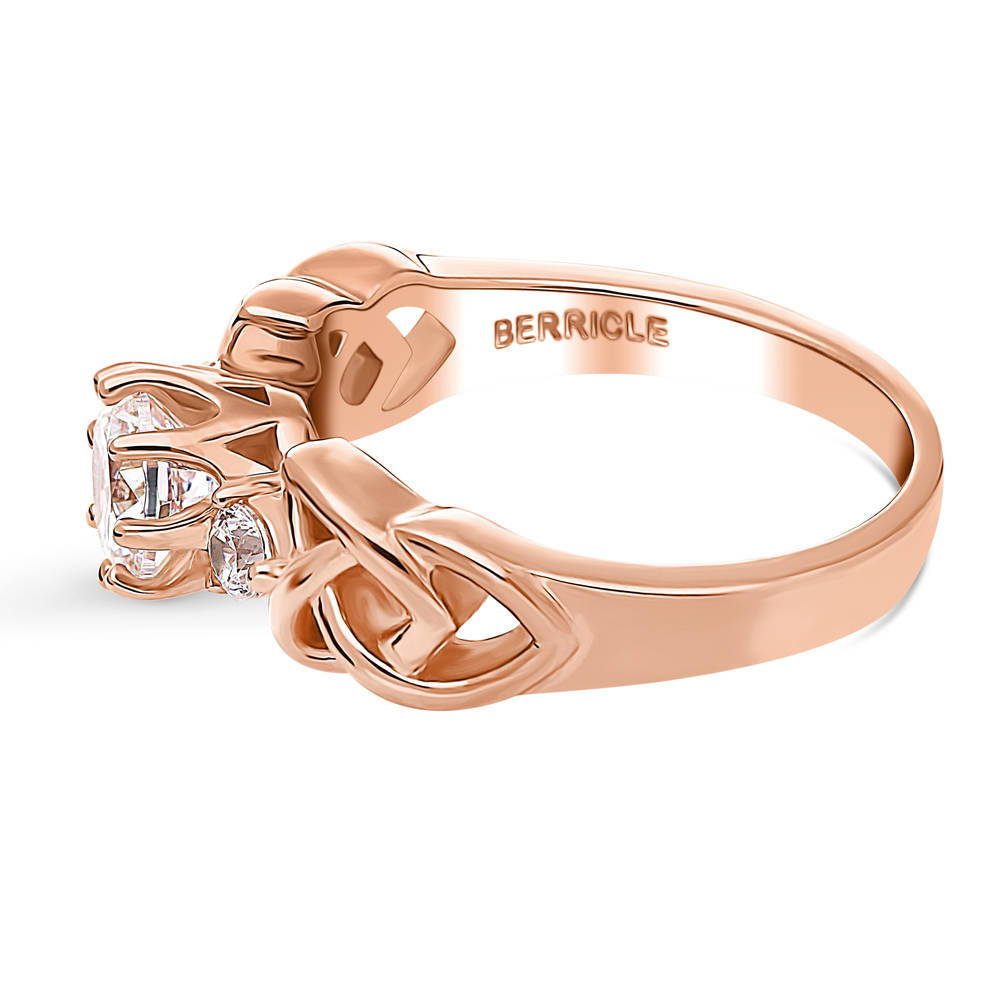 Angle view of Celtic Knot 3-Stone CZ Ring in Rose Gold Plated Sterling Silver
