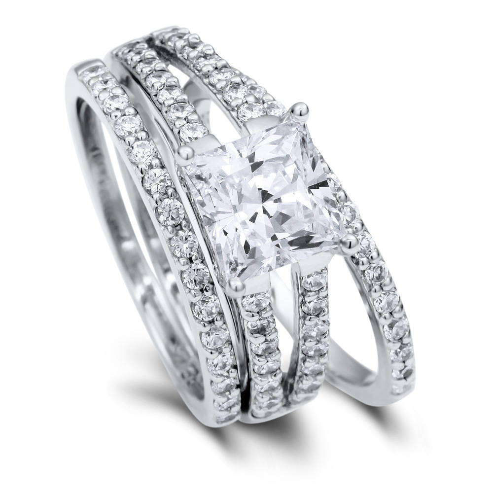 Front view of Solitaire 2ct Princess CZ Split Shank Ring Set in Sterling Silver