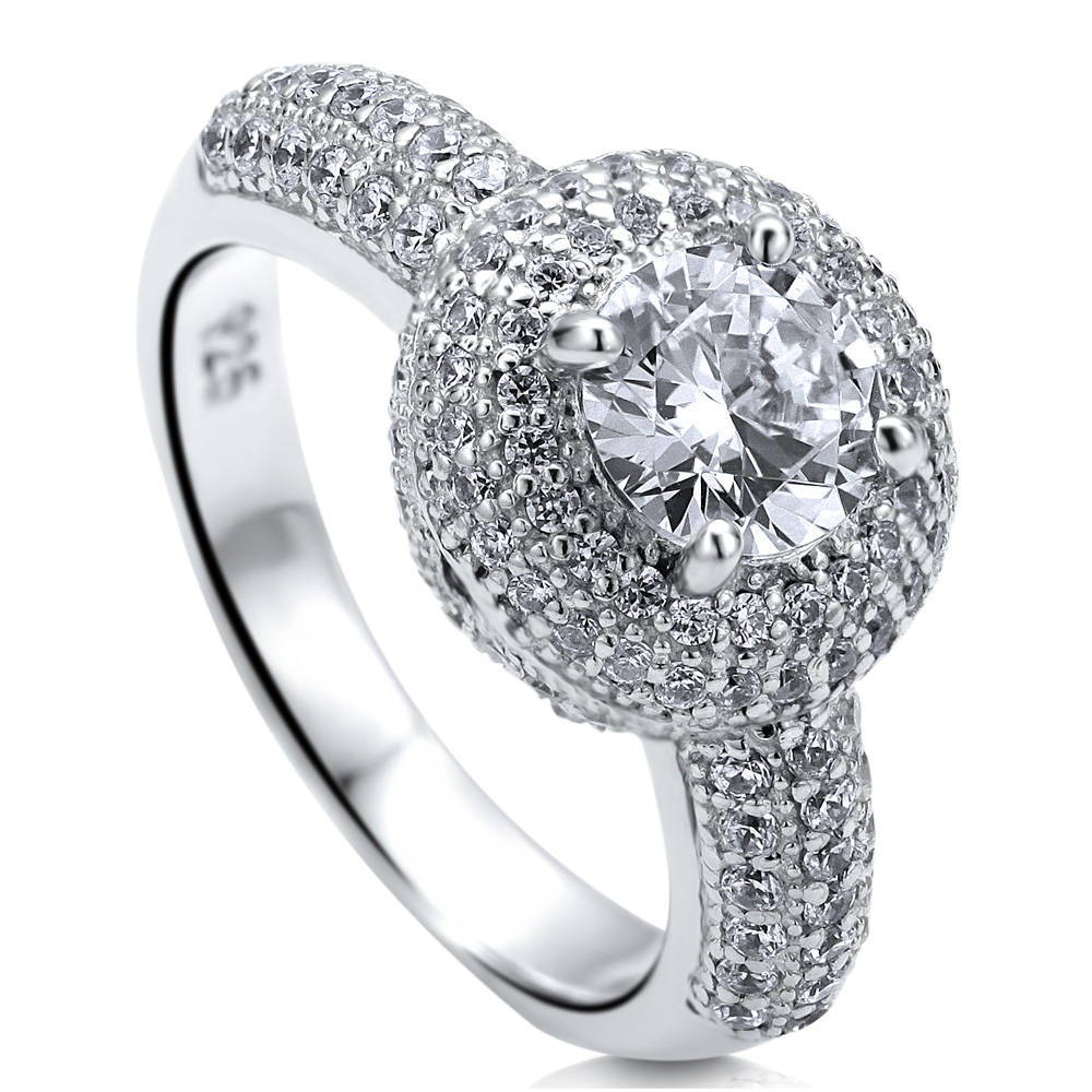 Angle view of Halo Round CZ Ring in Sterling Silver, 3 of 6