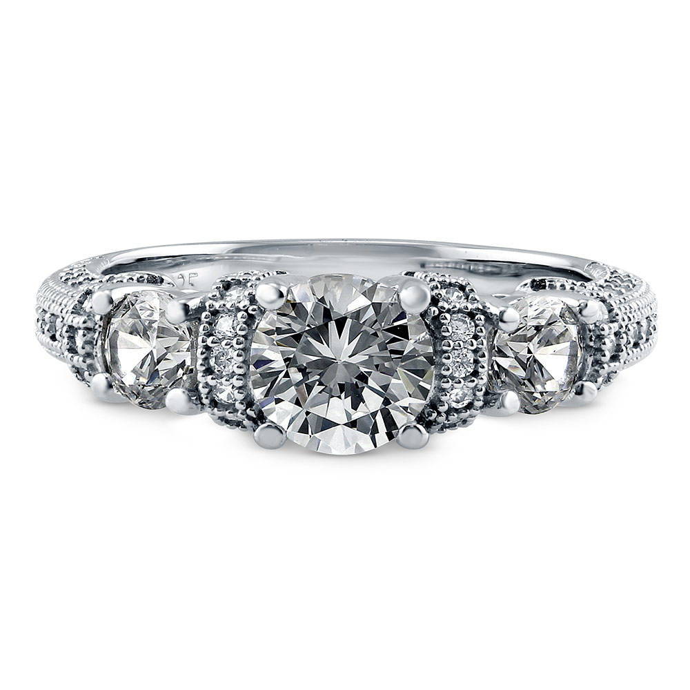 3-Stone Art Deco Round CZ Ring in Sterling Silver, 1 of 7