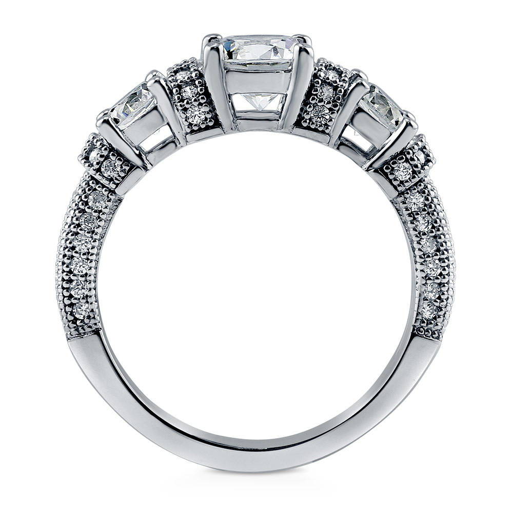 3-Stone Art Deco Round CZ Ring in Sterling Silver, 6 of 7
