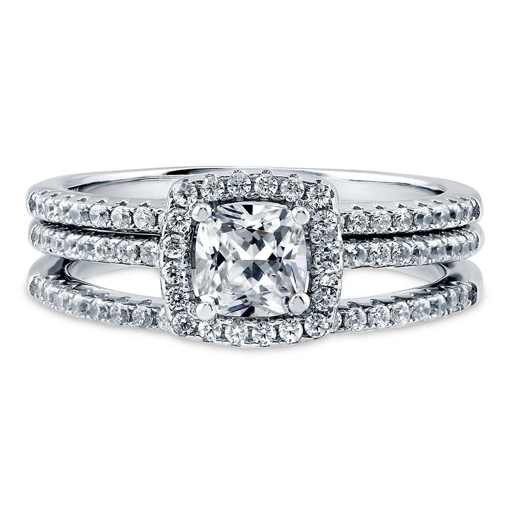 Halo Cushion CZ Ring Set in Sterling Silver