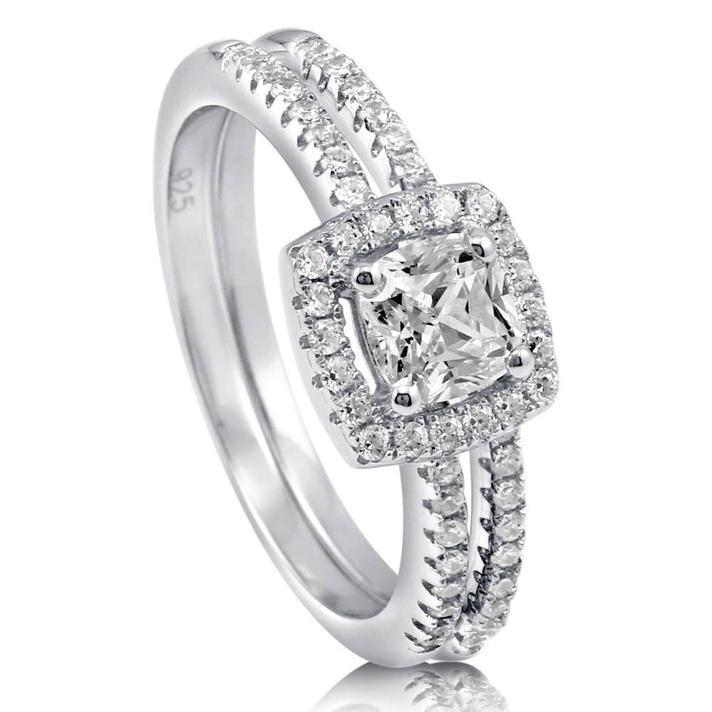 Front view of Halo Cushion CZ Ring Set in Sterling Silver