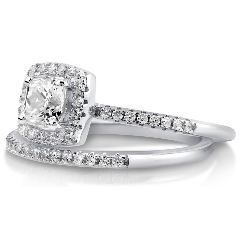 Angle view of Halo Cushion CZ Ring Set in Sterling Silver
