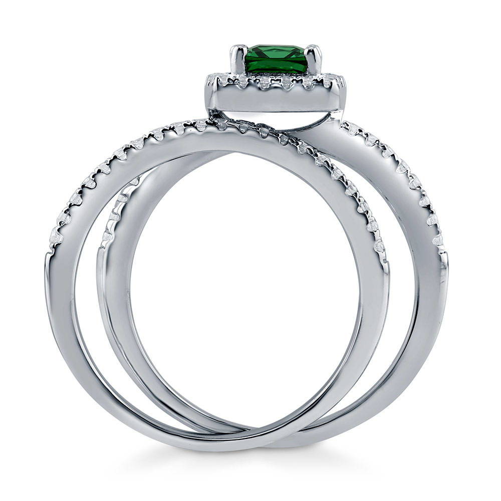 Alternate view of Halo Simulated Emerald Cushion CZ Ring Set in Sterling Silver