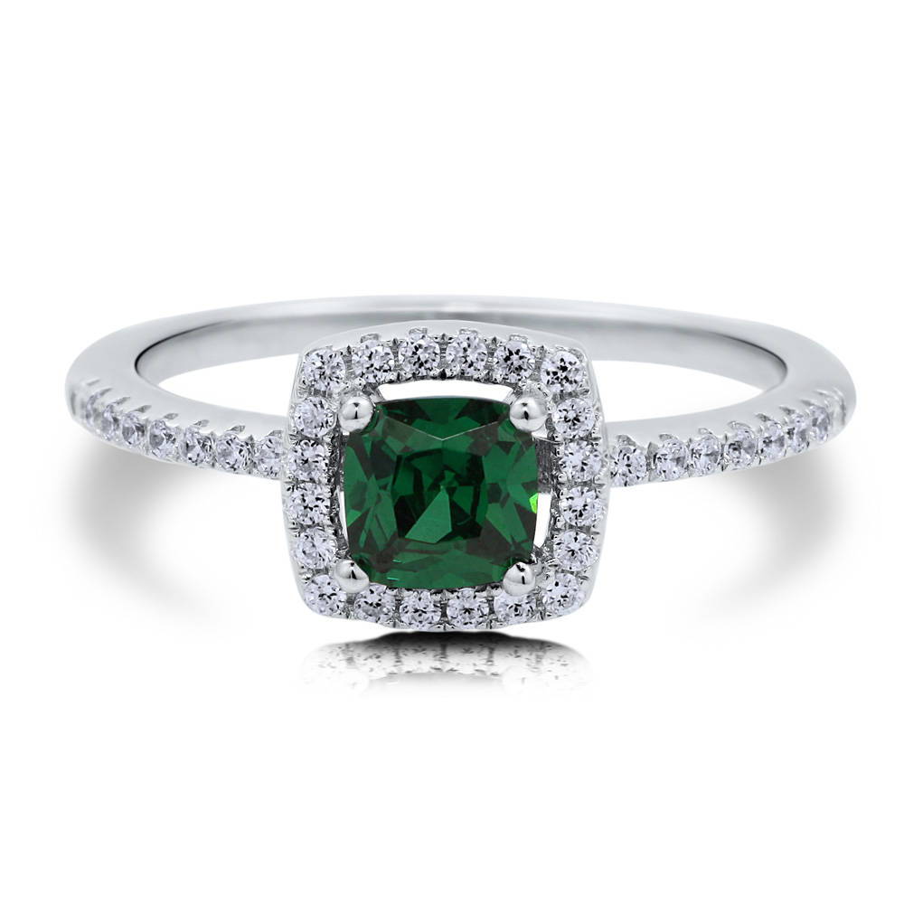 Halo Simulated Emerald Cushion CZ Ring in Sterling Silver