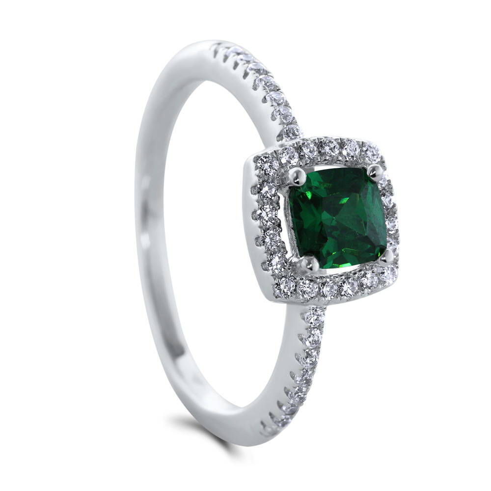 Front view of Halo Simulated Emerald Cushion CZ Ring in Sterling Silver
