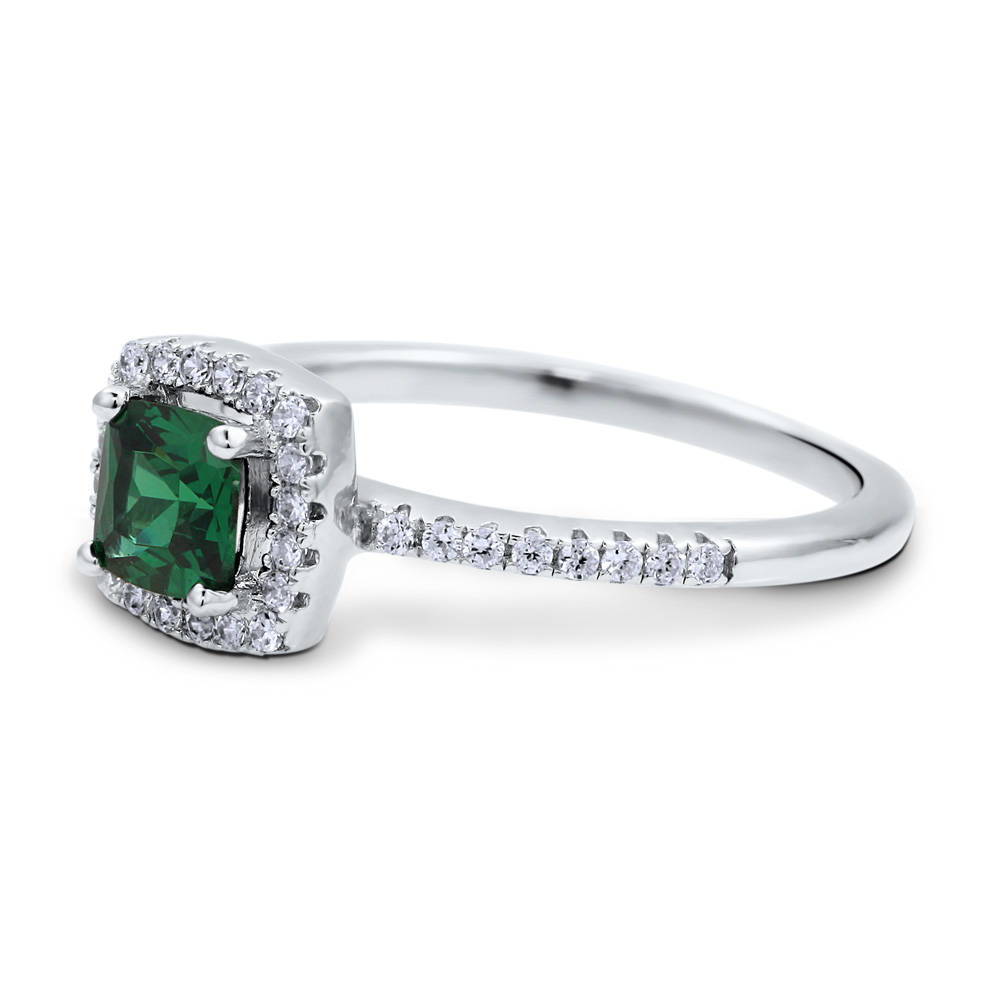 Angle view of Halo Simulated Emerald Cushion CZ Ring in Sterling Silver