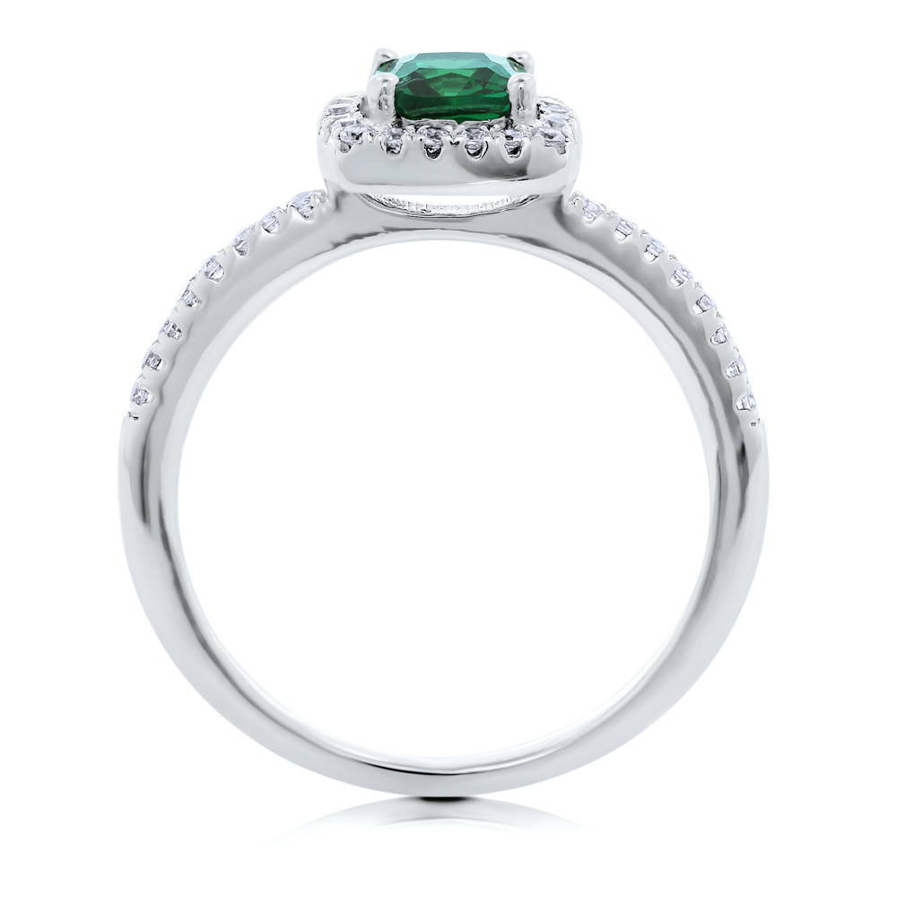 Alternate view of Halo Simulated Emerald Cushion CZ Ring in Sterling Silver