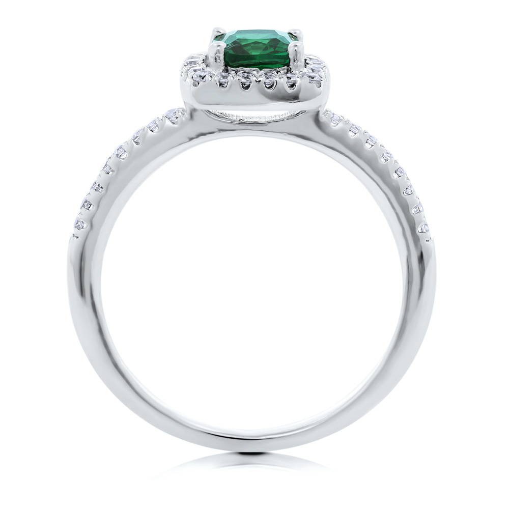 Halo Simulated Emerald Cushion CZ Ring in Sterling Silver