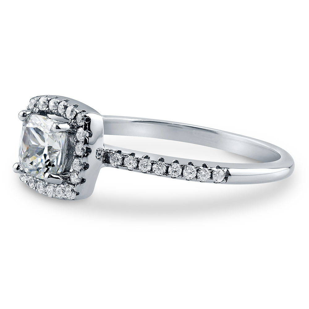 Angle view of Halo Cushion CZ Ring in Sterling Silver