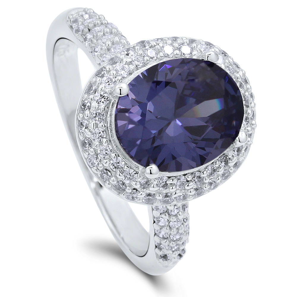 Front view of Halo Blue Oval CZ Ring in Sterling Silver