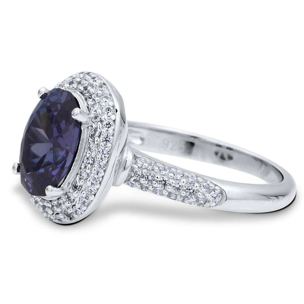 Angle view of Halo Blue Oval CZ Ring in Sterling Silver