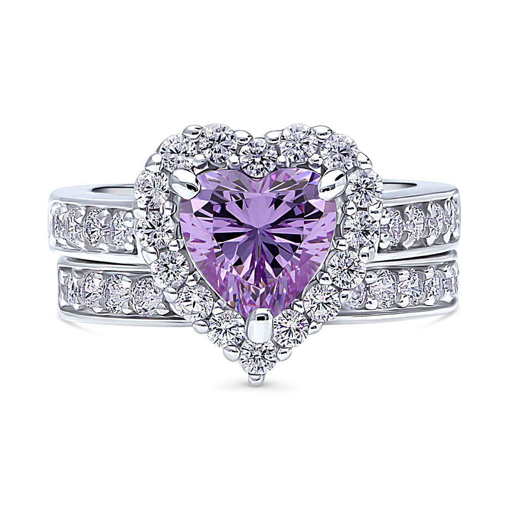 Halo Heart Purple Heart CZ Ring Set in Sterling Silver