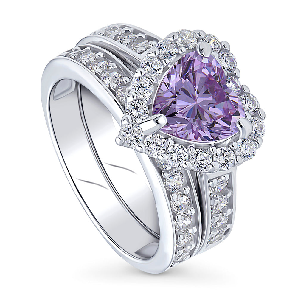 Front view of Halo Heart Purple CZ Statement Ring Set in Sterling Silver