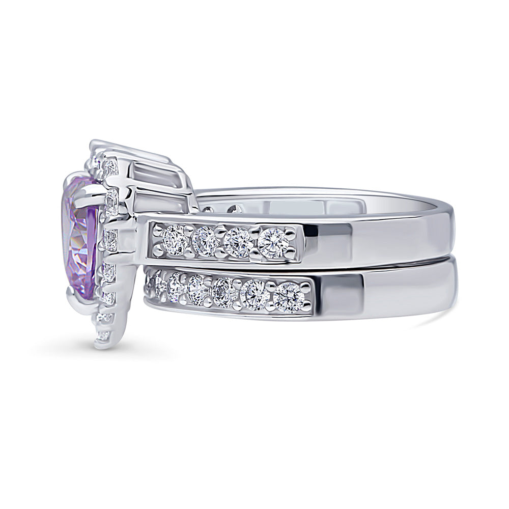 Angle view of Halo Heart Purple CZ Statement Ring Set in Sterling Silver