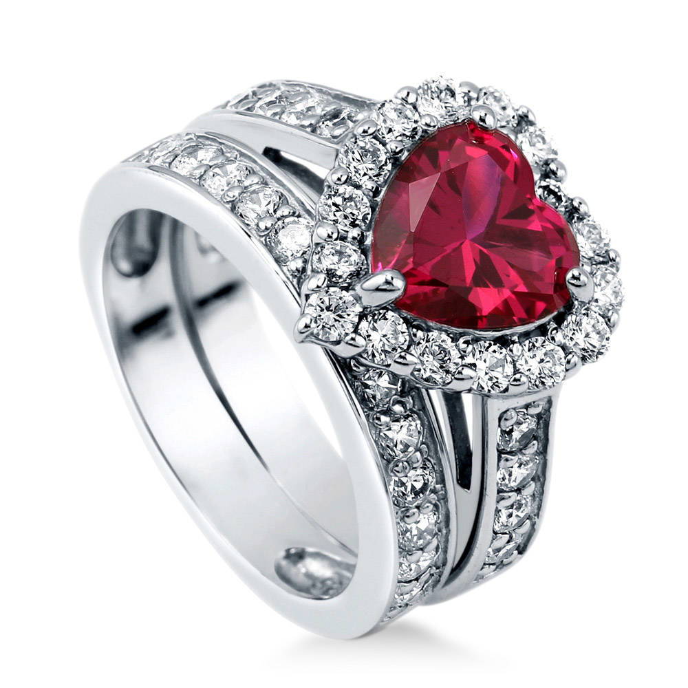 Front view of Halo Heart Simulated Ruby CZ Statement Ring Set in Sterling Silver