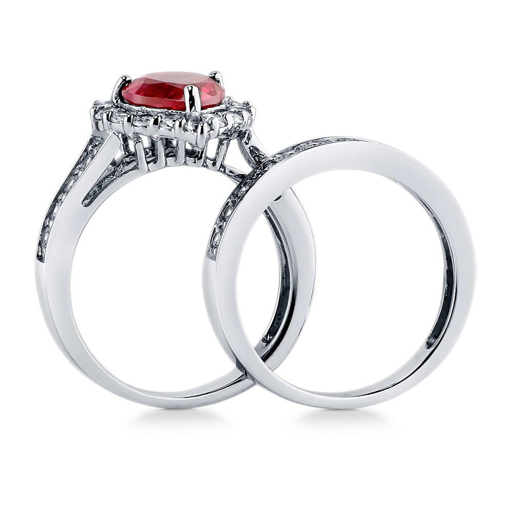 Alternate view of Halo Heart Simulated Ruby CZ Statement Ring Set in Sterling Silver