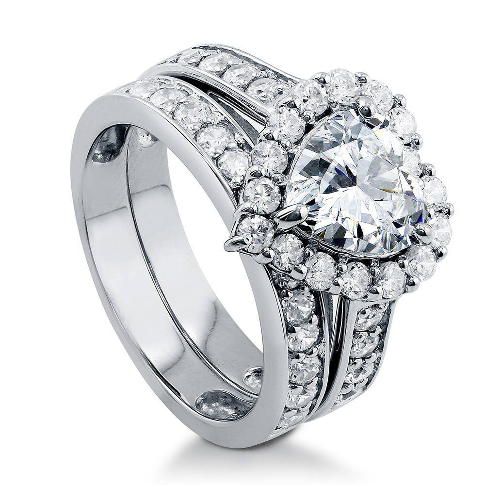 Front view of Halo Heart CZ Statement Ring Set in Sterling Silver