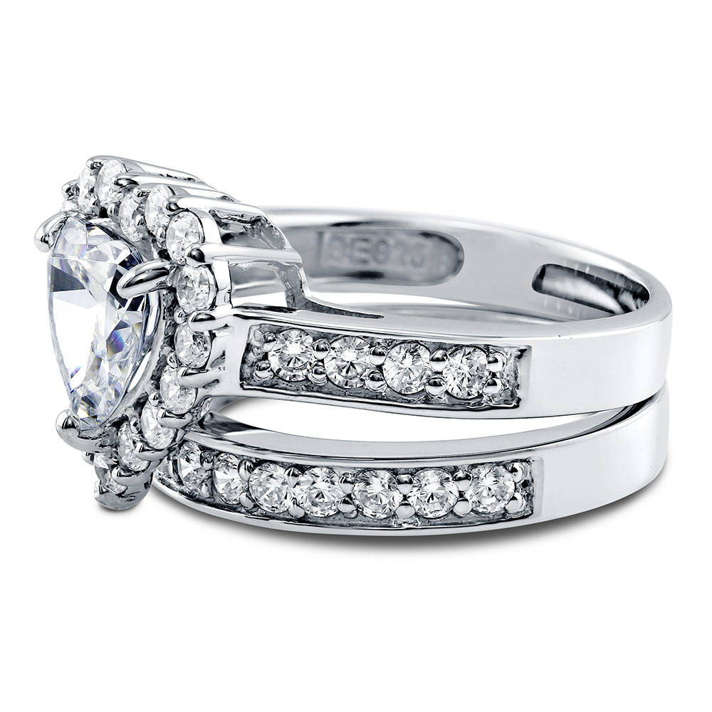 Angle view of Halo Heart CZ Statement Ring Set in Sterling Silver