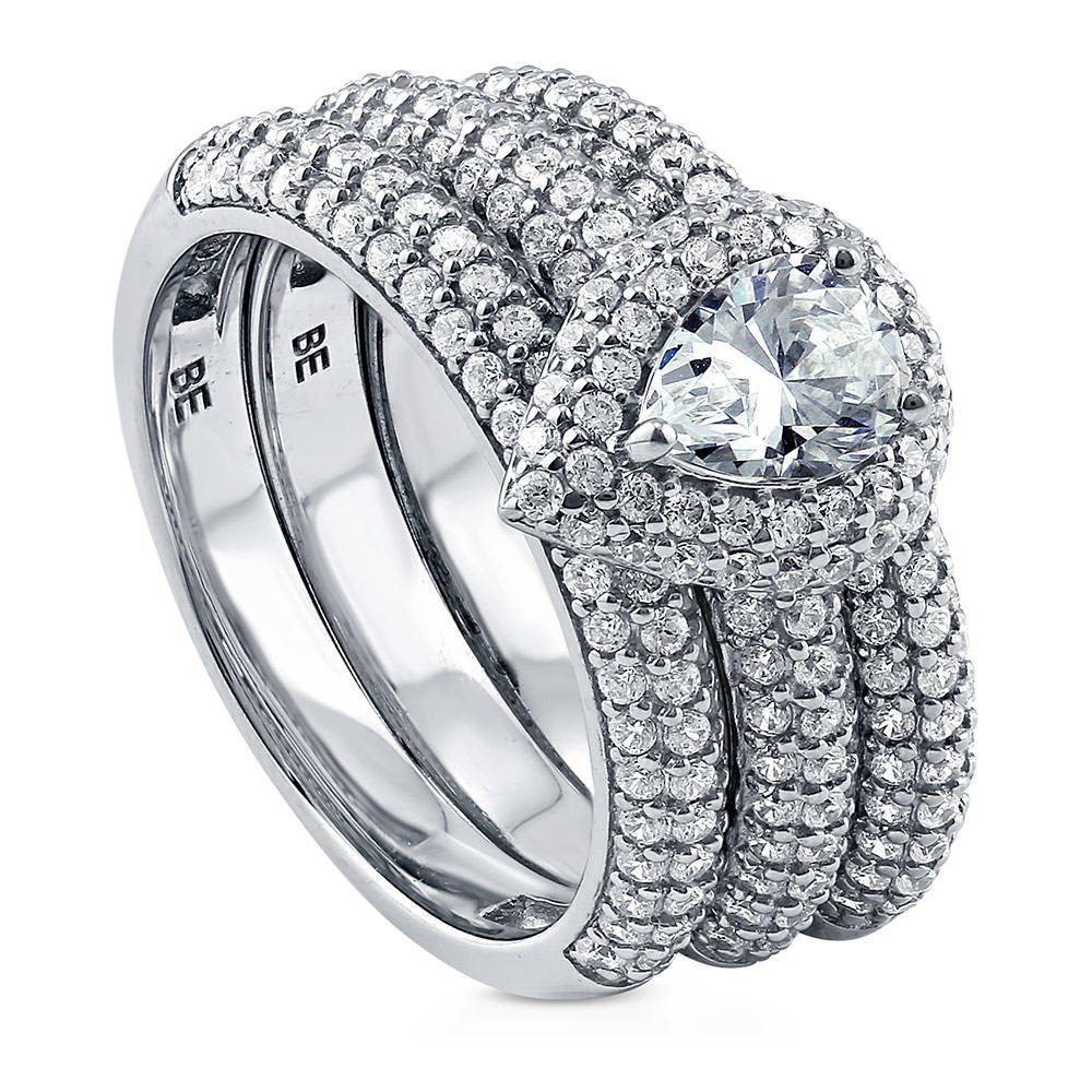 Halo Pear CZ Statement Ring Set in Sterling Silver, front view