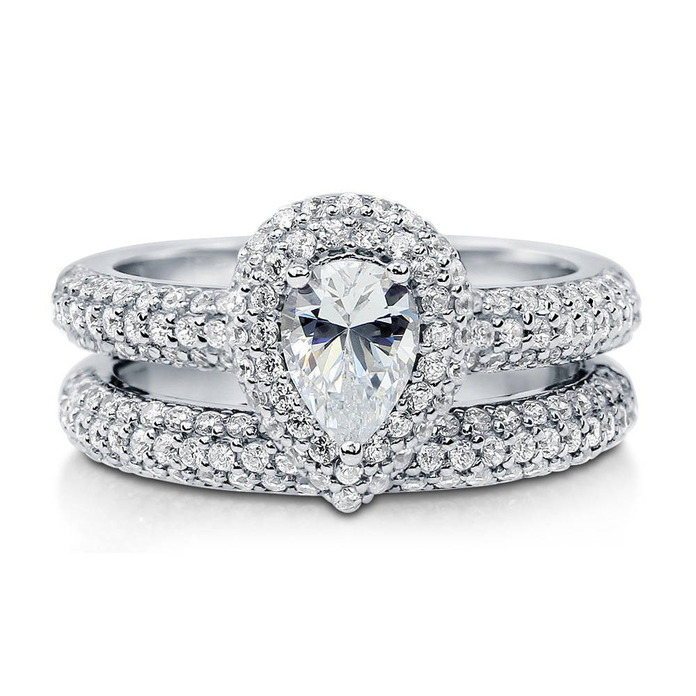 Halo Pear CZ Ring Set in Sterling Silver