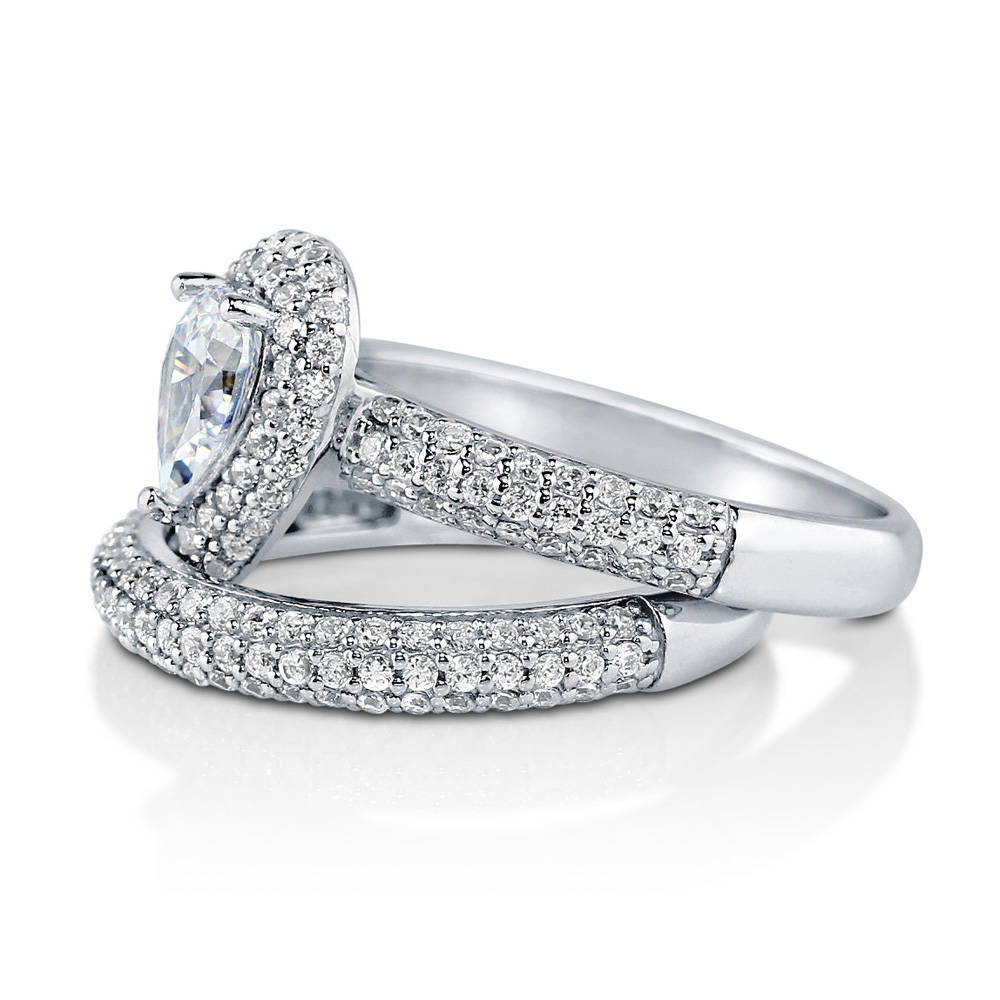 Angle view of Halo Pear CZ Ring Set in Sterling Silver