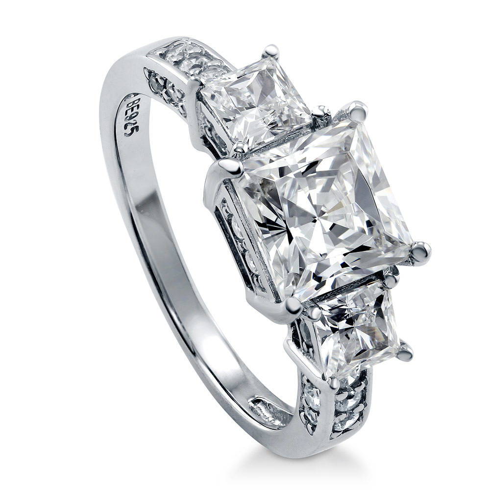 3-Stone Princess CZ Ring in Sterling Silver, front view