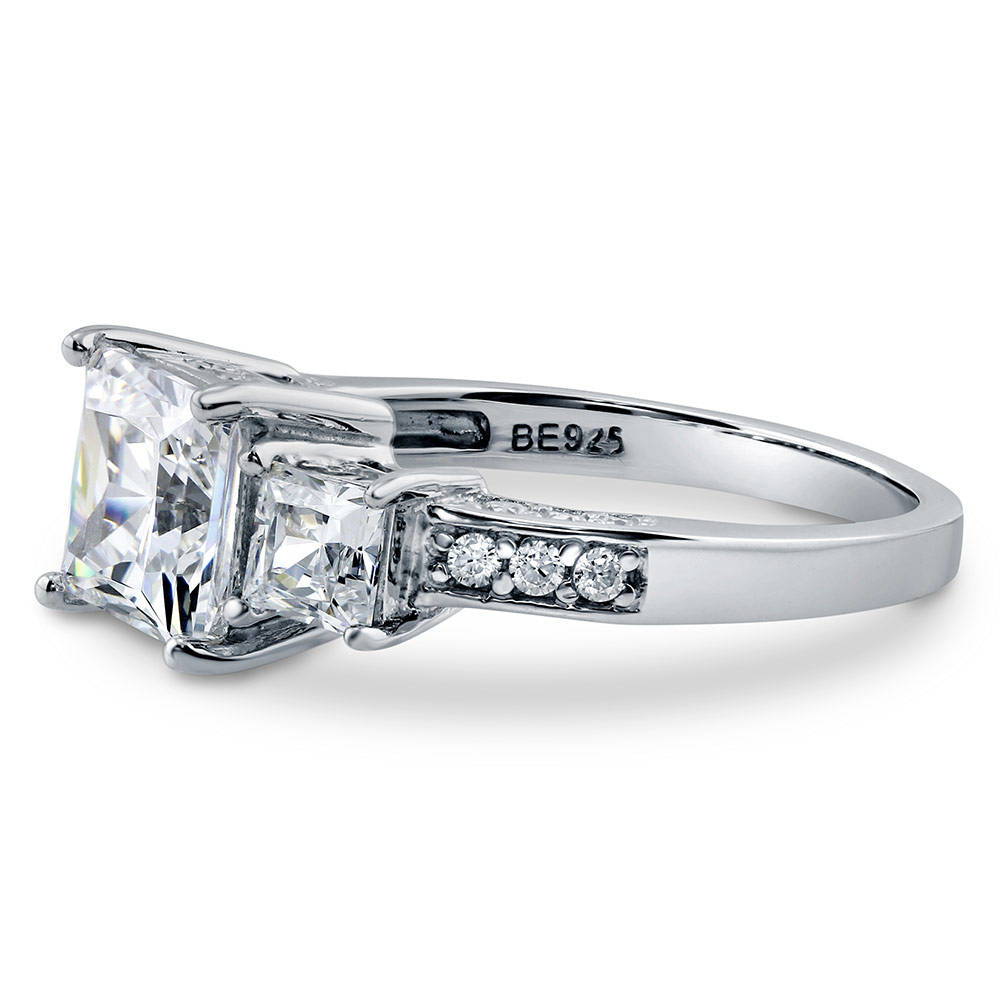 3-Stone Princess CZ Ring in Sterling Silver, side view