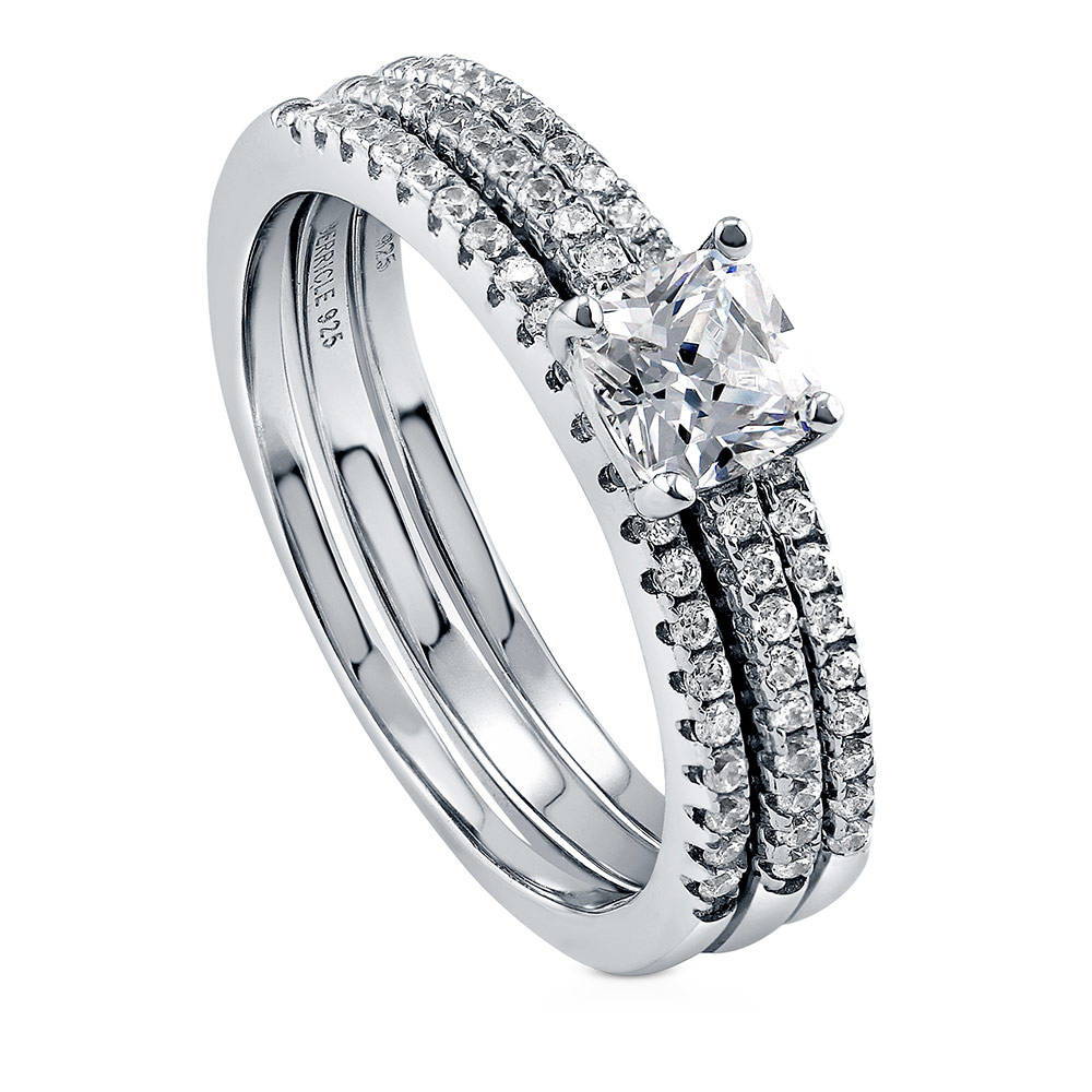 Front view of Solitaire 0.6ct Cushion CZ Ring Set in Sterling Silver, 3 of 8