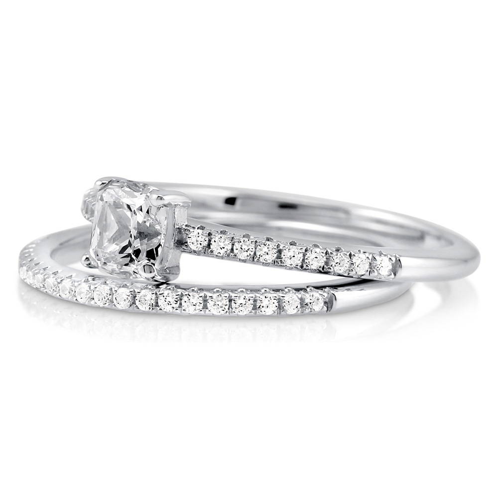 Angle view of Solitaire 0.6ct Cushion CZ Ring Set in Sterling Silver