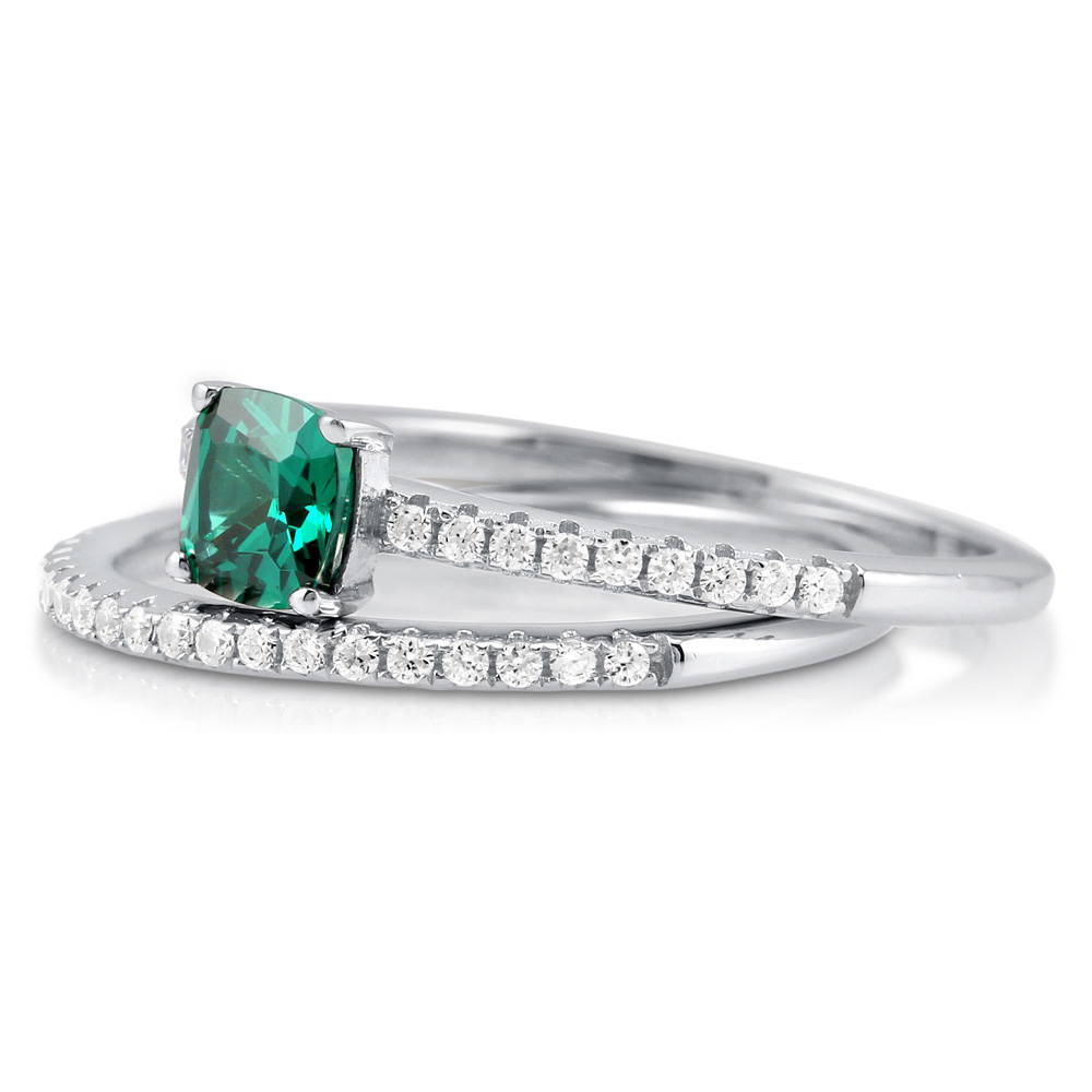 Side view of Solitaire 0.6ct Green Cushion CZ Ring Set in Sterling Silver