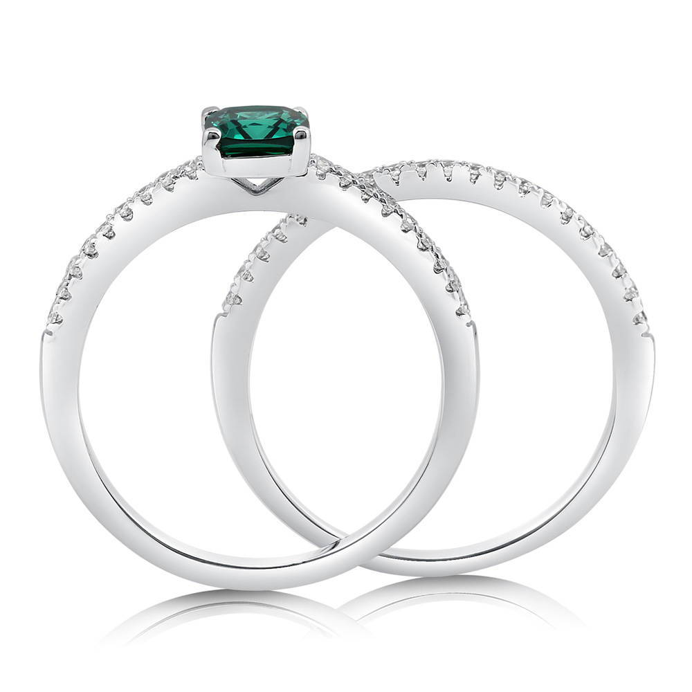 Angle view of Solitaire 0.6ct Green Cushion CZ Ring Set in Sterling Silver