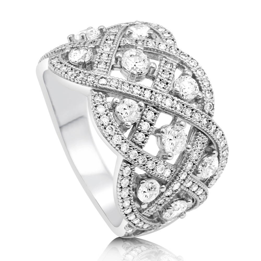 Front view of Woven Art Deco CZ Statement Ring in Sterling Silver