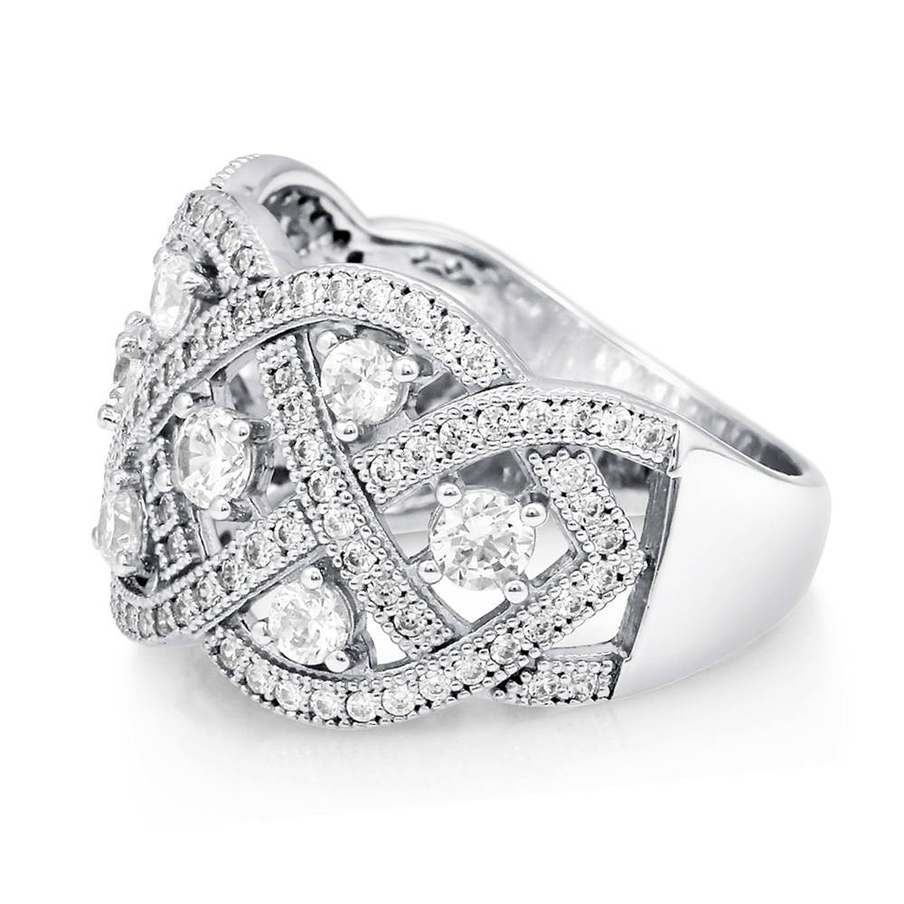 Angle view of Woven Art Deco CZ Statement Ring in Sterling Silver