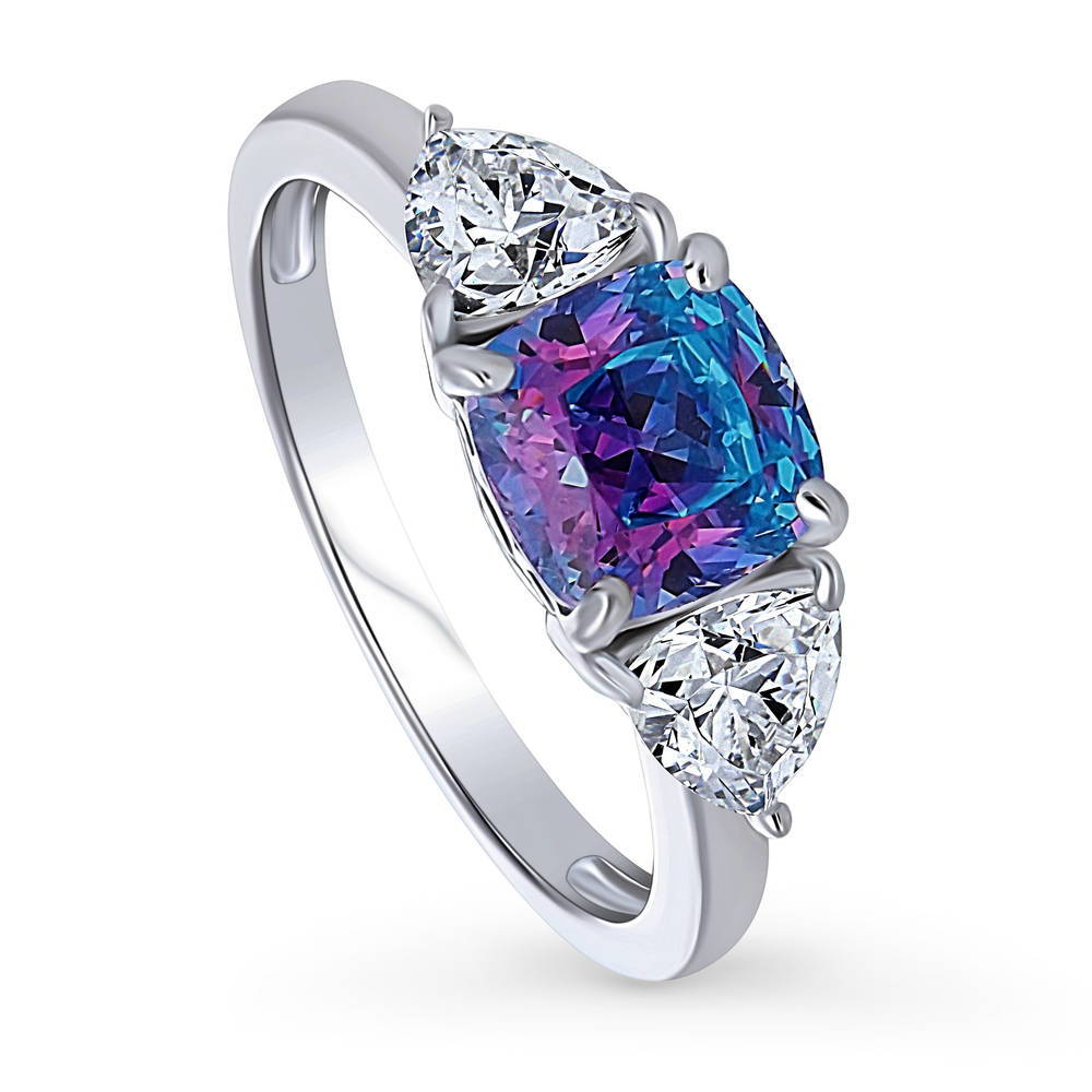 Kaleidoscope 3-Stone Purple Aqua CZ Ring in Sterling Silver