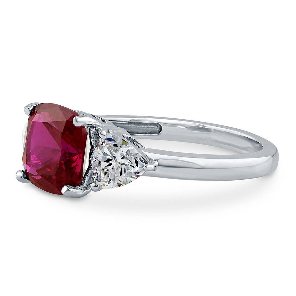 3-Stone Simulated Ruby Cushion CZ Ring in Sterling Silver
