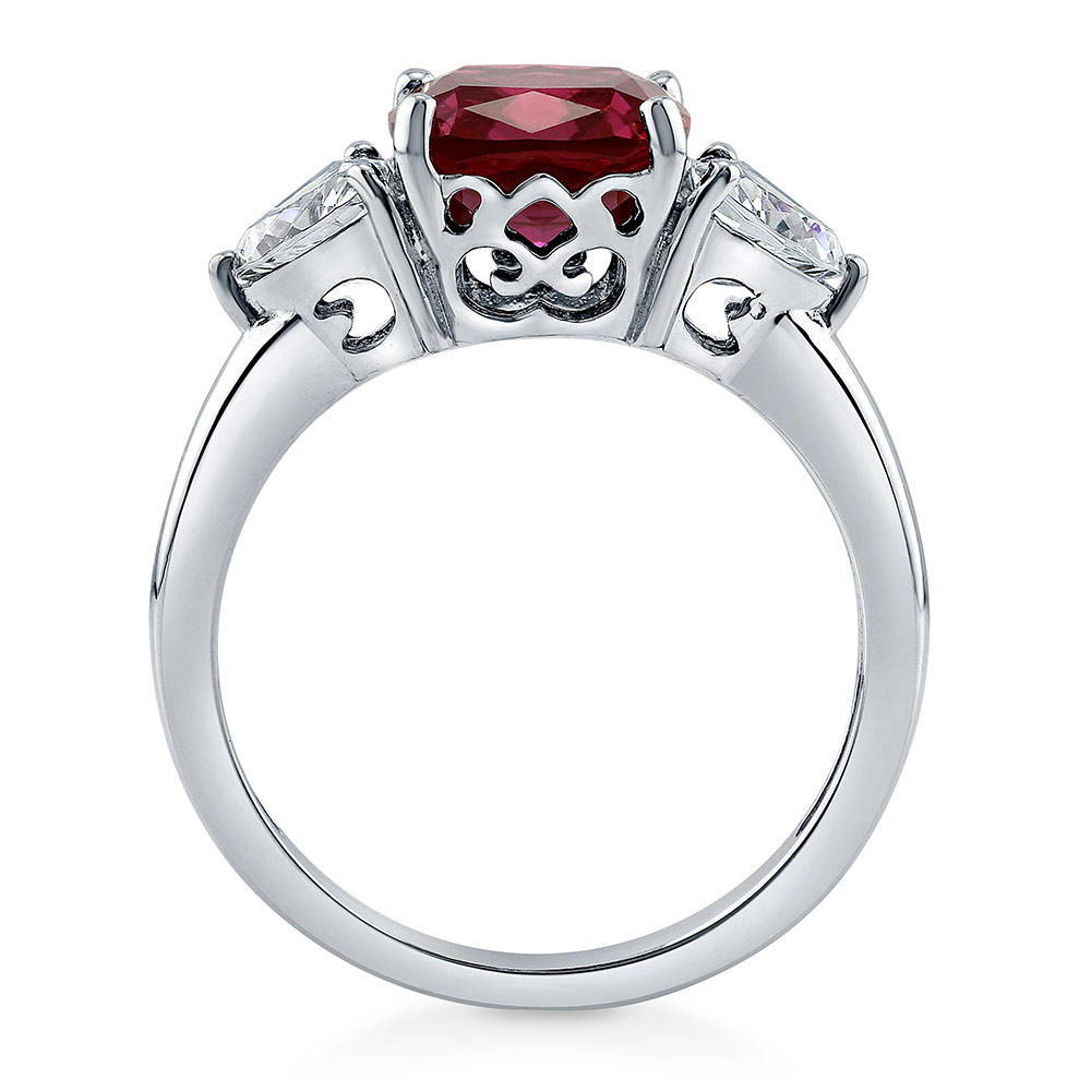 3-Stone Simulated Ruby Cushion CZ Ring in Sterling Silver