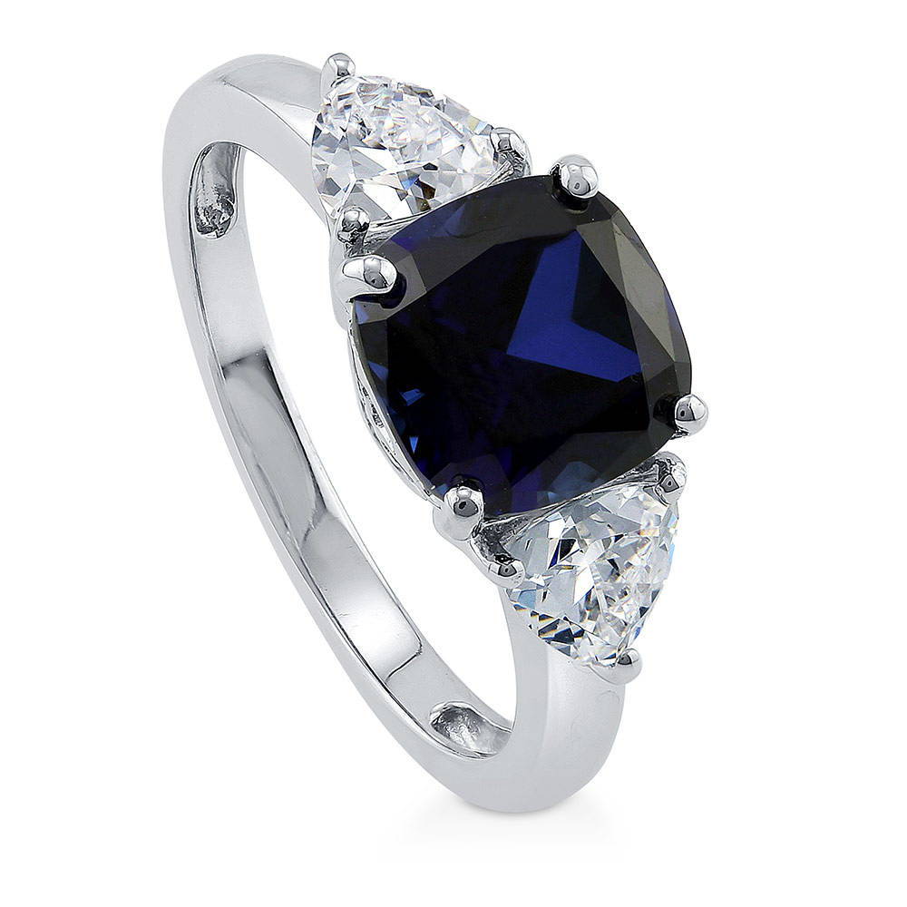 Front view of 3-Stone Simulated Blue Sapphire Cushion CZ Ring in Sterling Silver