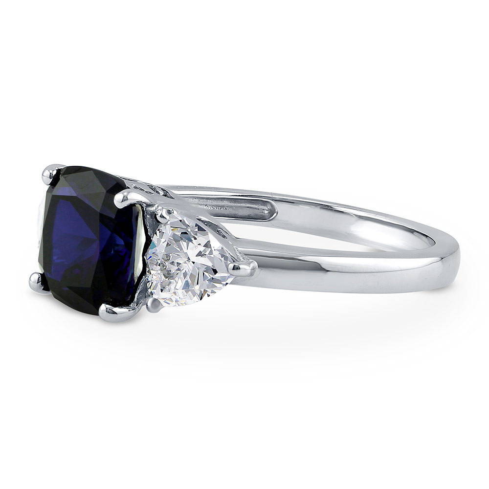 3-Stone Simulated Blue Sapphire Cushion CZ Ring in Sterling Silver