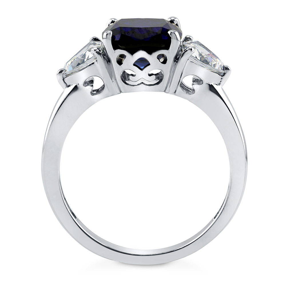 Alternate view of 3-Stone Simulated Blue Sapphire Cushion CZ Ring in Sterling Silver