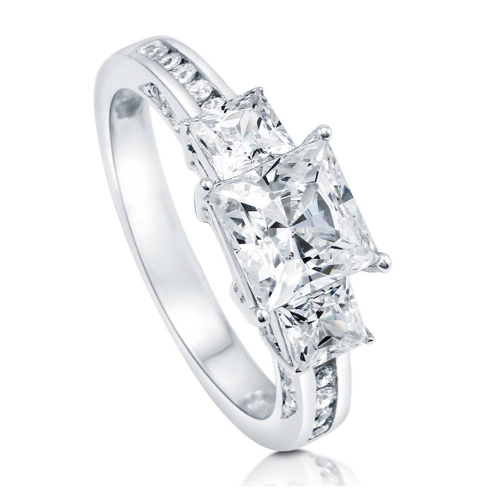 Angle view of 3-Stone Princess CZ Ring in Sterling Silver