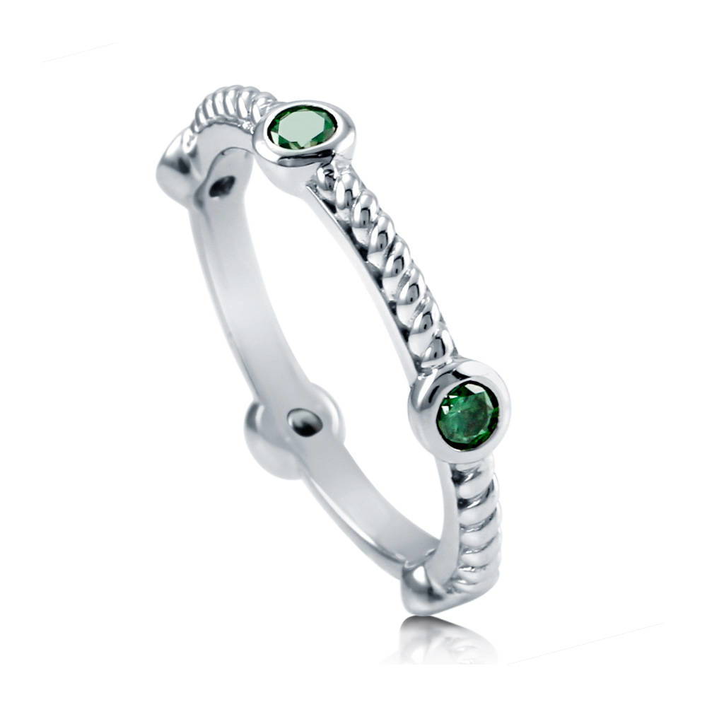 Front view of Bubble Cable Simulated Emerald CZ Stackable Band in Sterling Silver