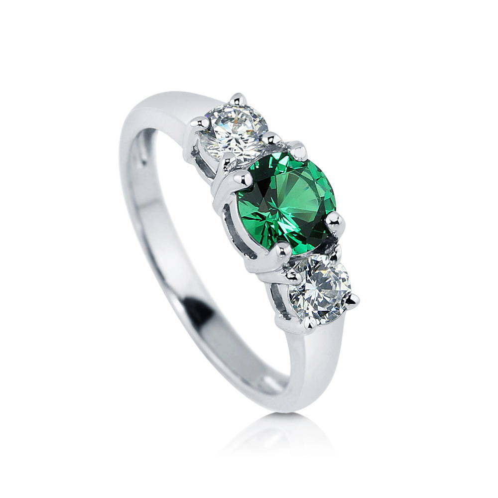 3-Stone Simulated Emerald Round CZ Ring in Sterling Silver