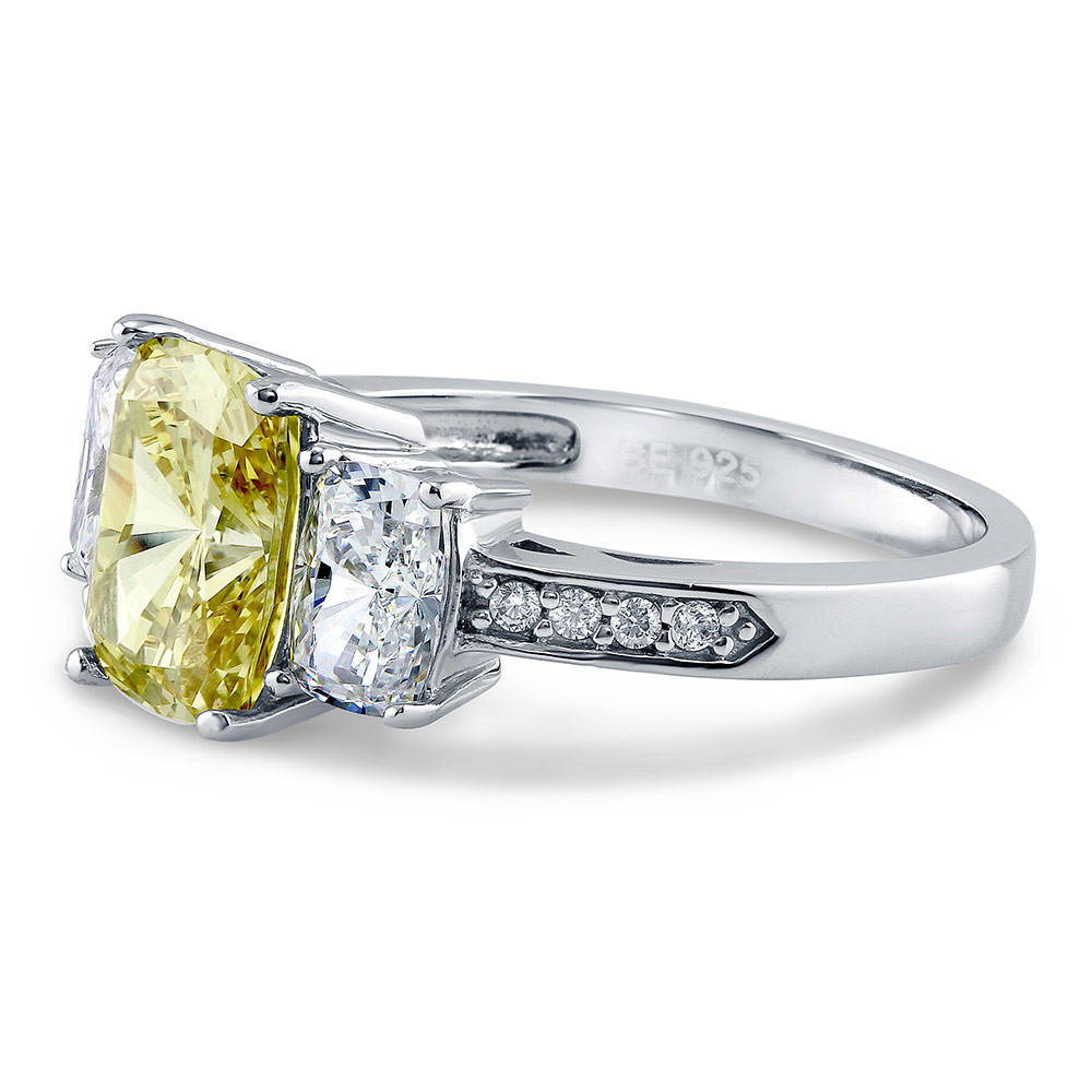 Angle view of 3-Stone Canary Yellow Cushion CZ Ring in Sterling Silver