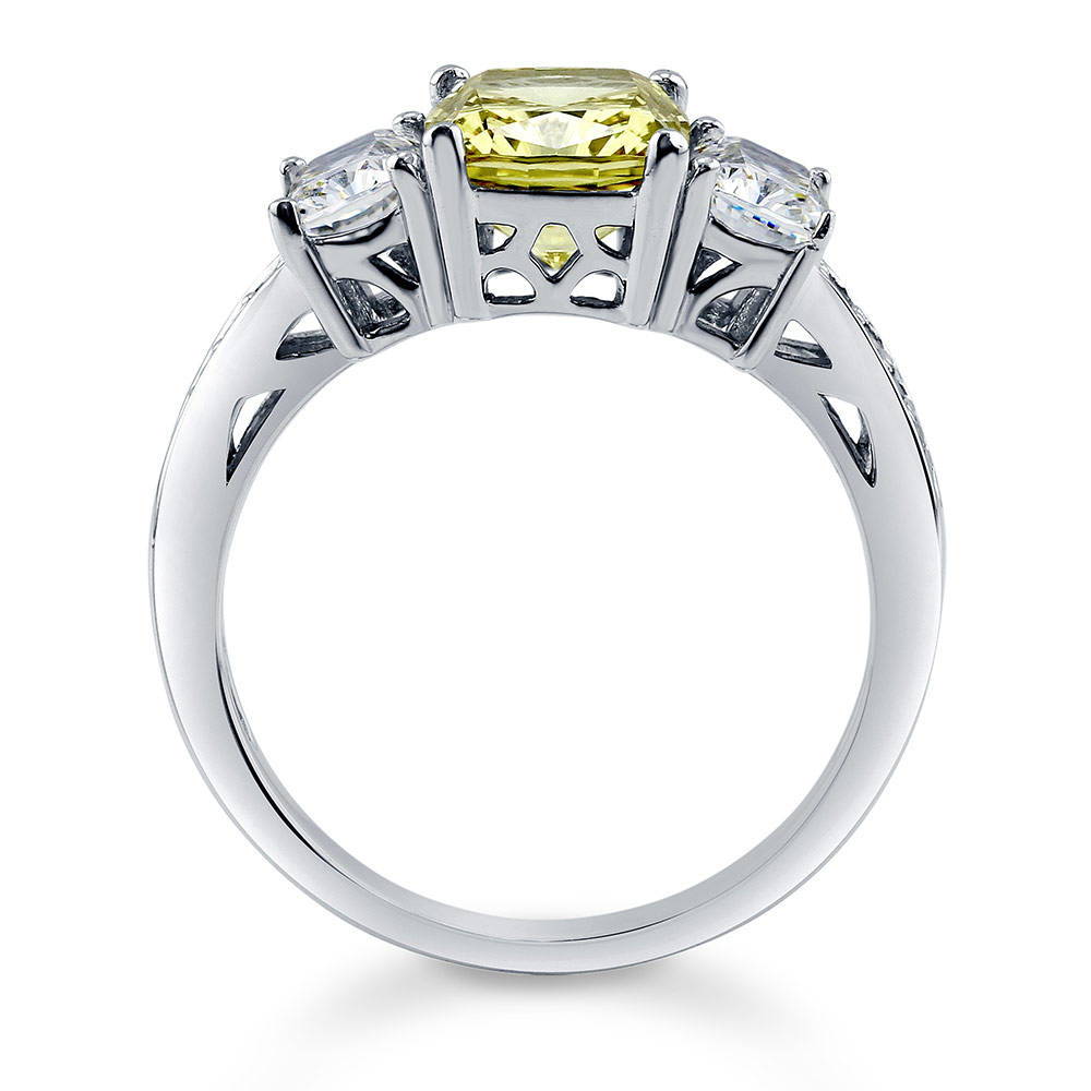 Alternate view of 3-Stone Canary Yellow Cushion CZ Ring in Sterling Silver