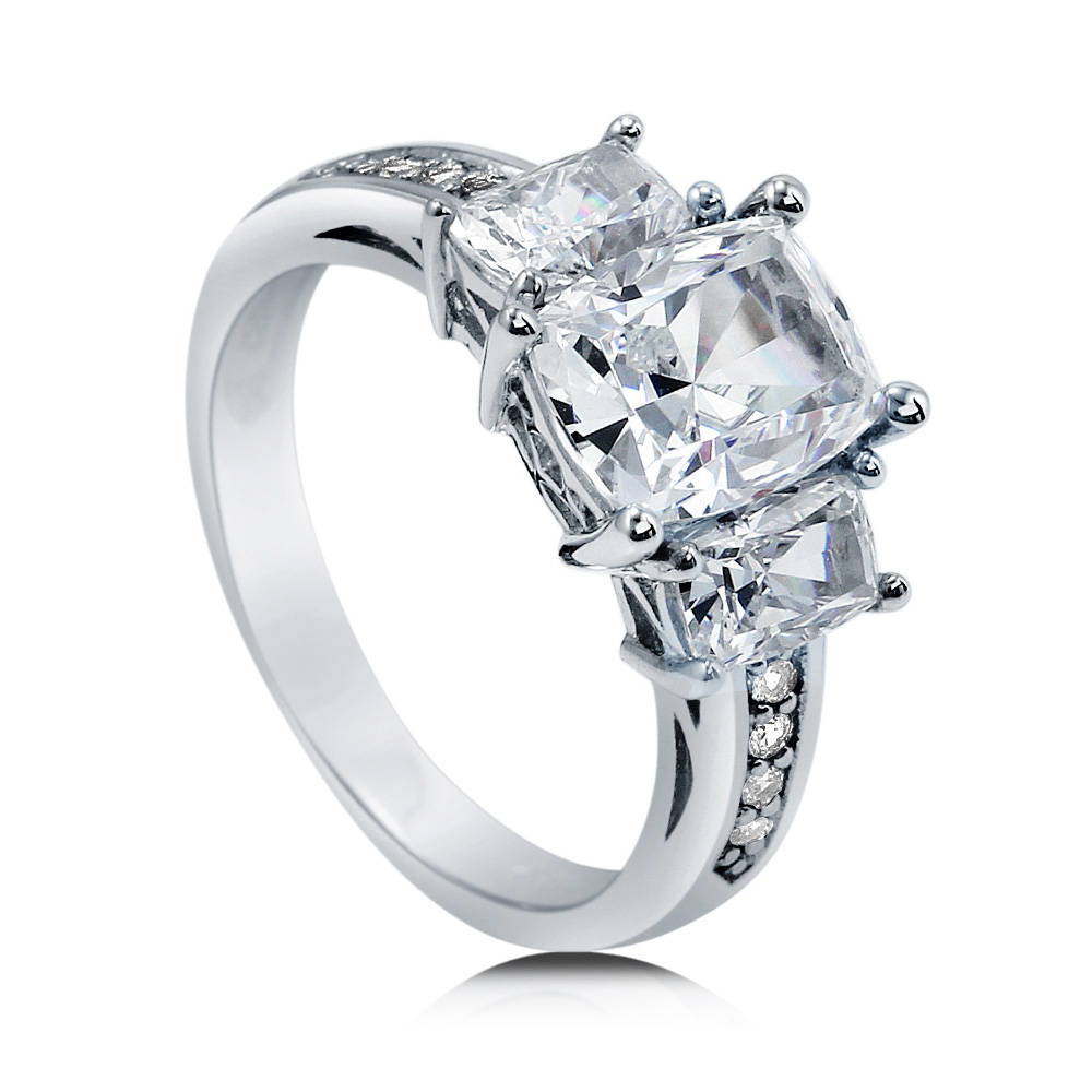 Front view of 3-Stone Cushion CZ Ring in Sterling Silver, 3 of 10