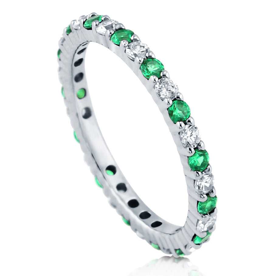 Simulated Emerald Pave Set CZ Eternity Ring in Sterling Silver, front view
