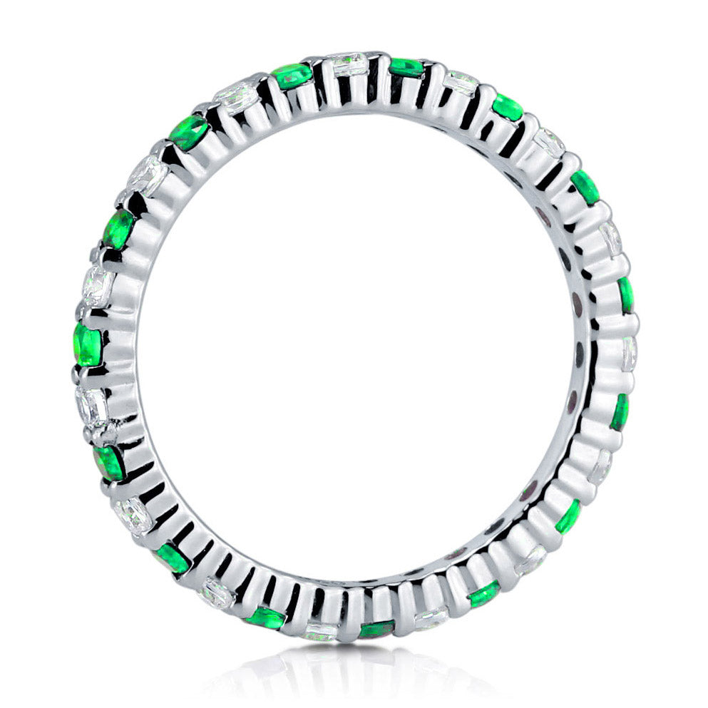 Simulated Emerald Pave Set CZ Eternity Ring in Sterling Silver, side view